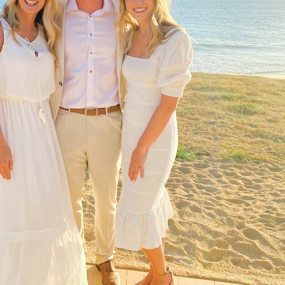 NBD White Eyelet Midi Dress with Puff Sleeves